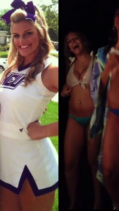 Cheerleader flashes during wet t shirt contest