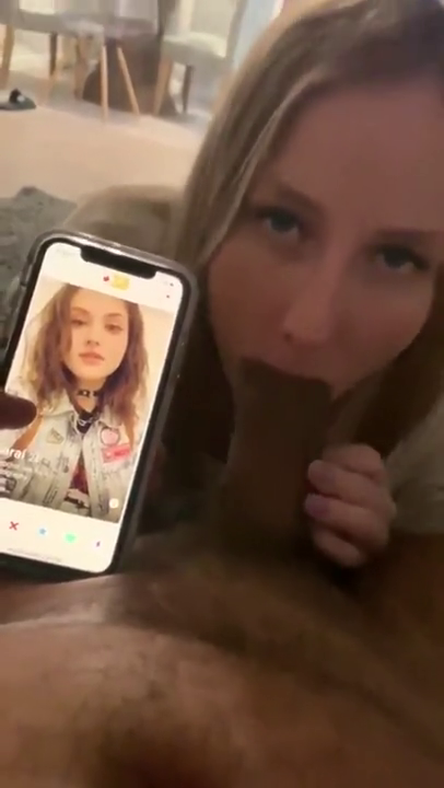 Cunt sucks cock while her man looks through Tinder